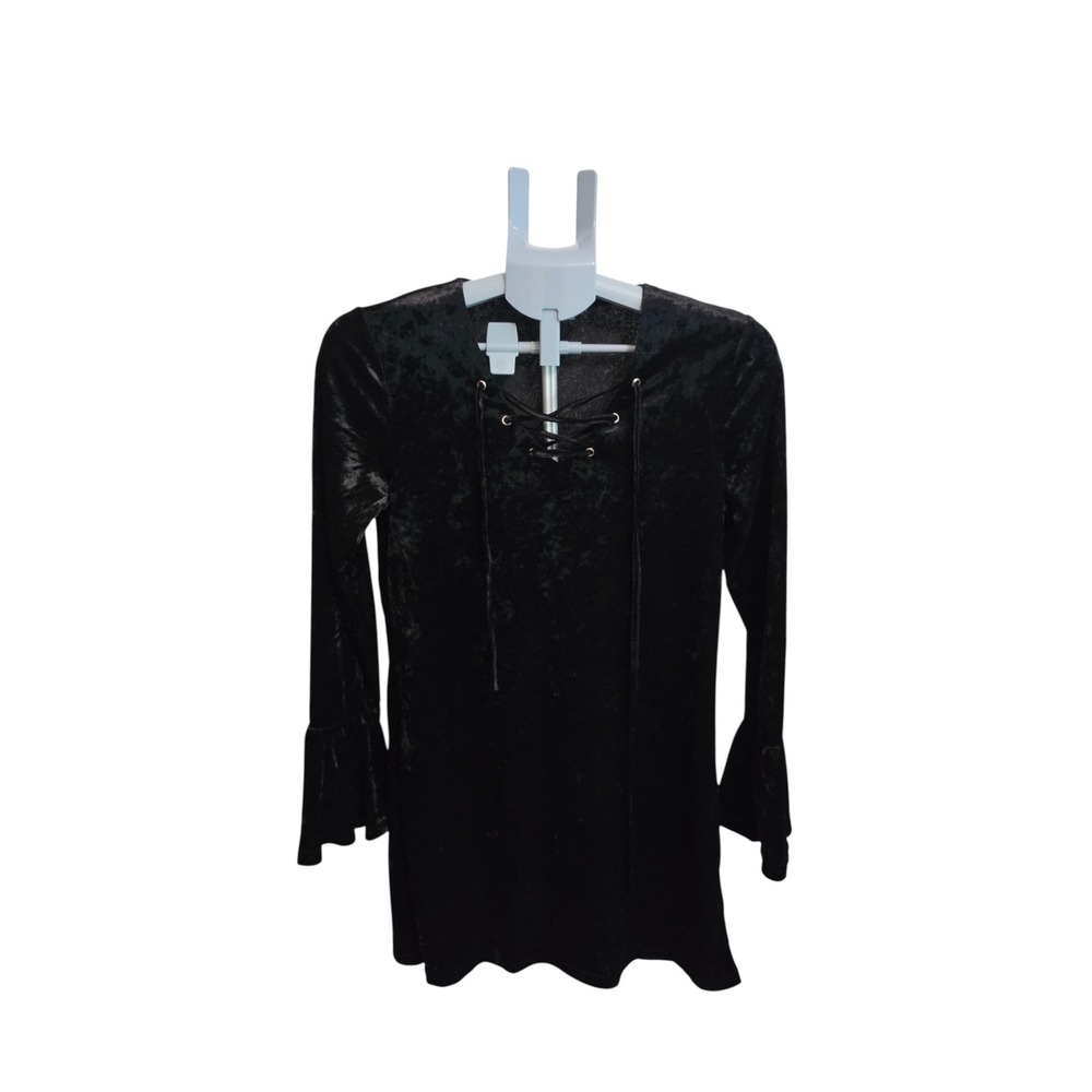 Adore Black Crushed Velvet Mini Dress Sz S Lace‎ Up Bell Sleeve Gothic Witchy